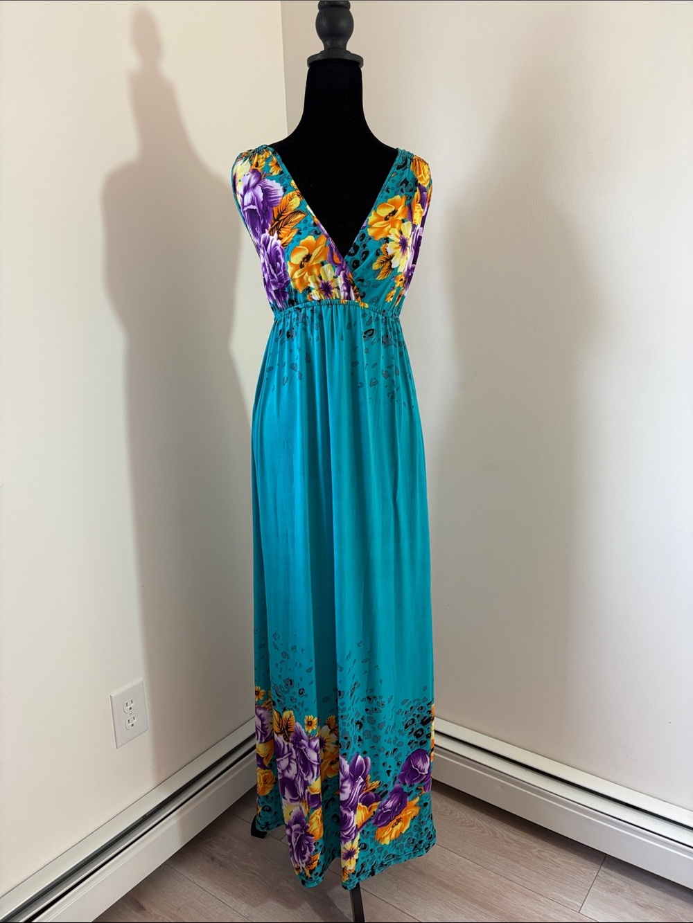 Teal Floral V-Neck Maxi Dress